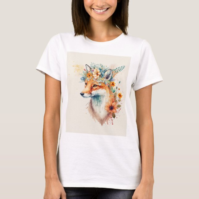Camiseta Coroa de Flor de Raposa Aquarela (Frente)