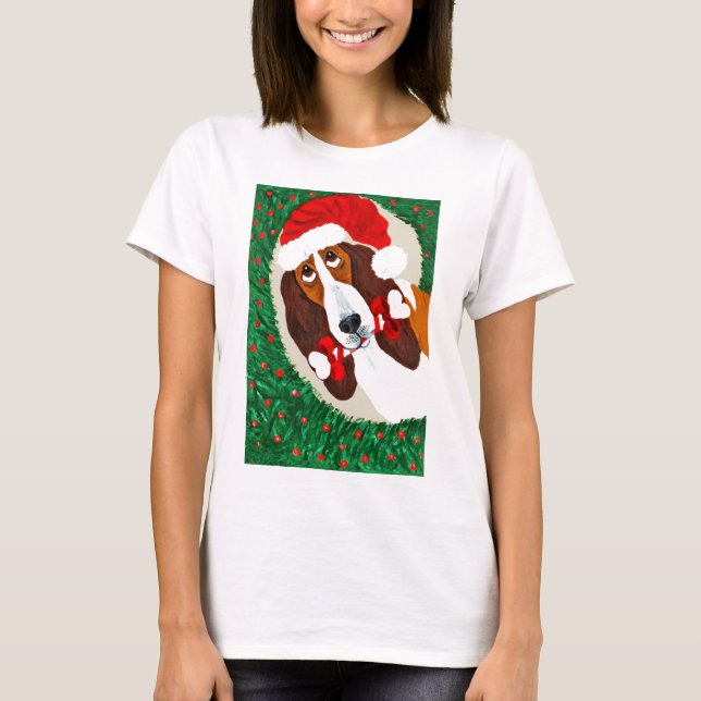 Camiseta Coroa de Natal do Basset Hound (Frente)