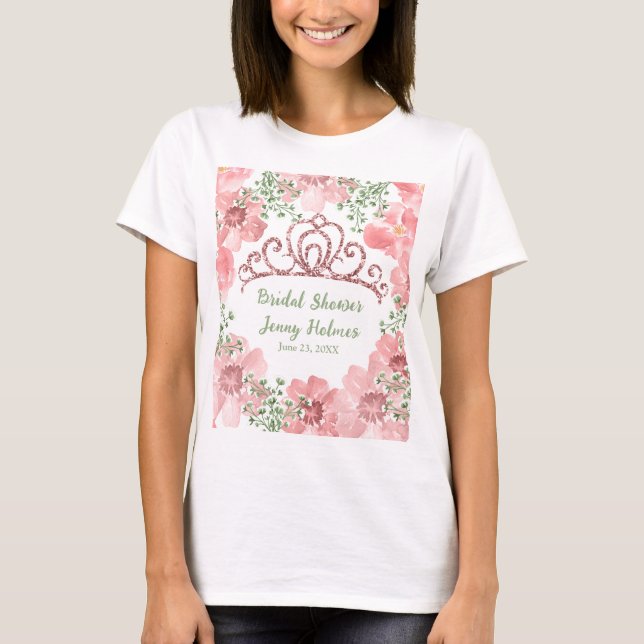 Camiseta Coroa de Purpurina Rosa Personalizada com Rosas Co (Frente)