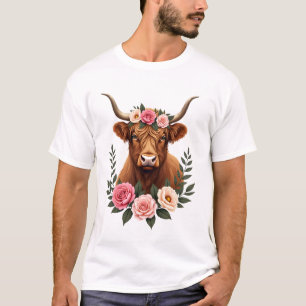 Camiseta Coroa Floral Vintage Highland Cow Boho Farmhouse A
