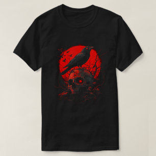 Camiseta Coroa Negra-Gótica Raven Crânio Vermelho Lua