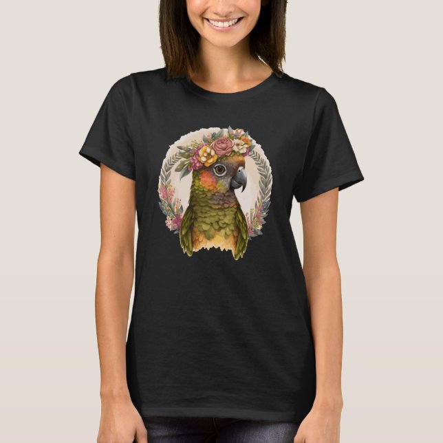 Camiseta Coroa verde-branca Conure Pássaro Flor P (Frente)