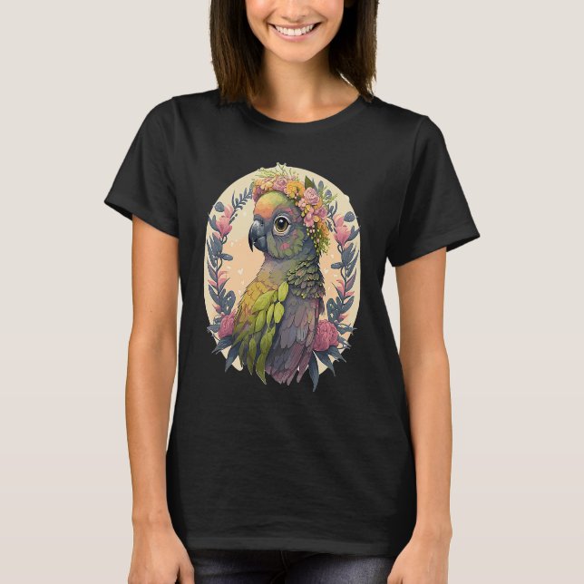 Camiseta Coroa verde-branca Conure Pássaro Flor P (Frente)