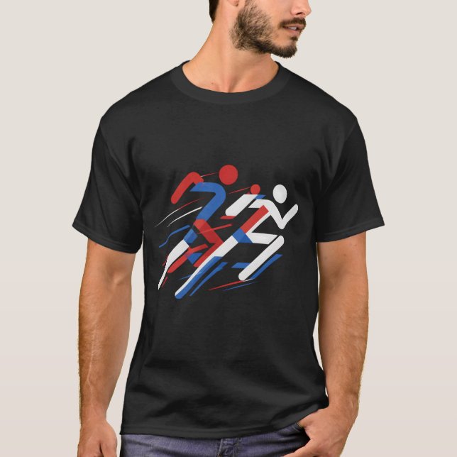 Camiseta Corredores Geométricos Vermelho Branco Azul Corrid (Frente)