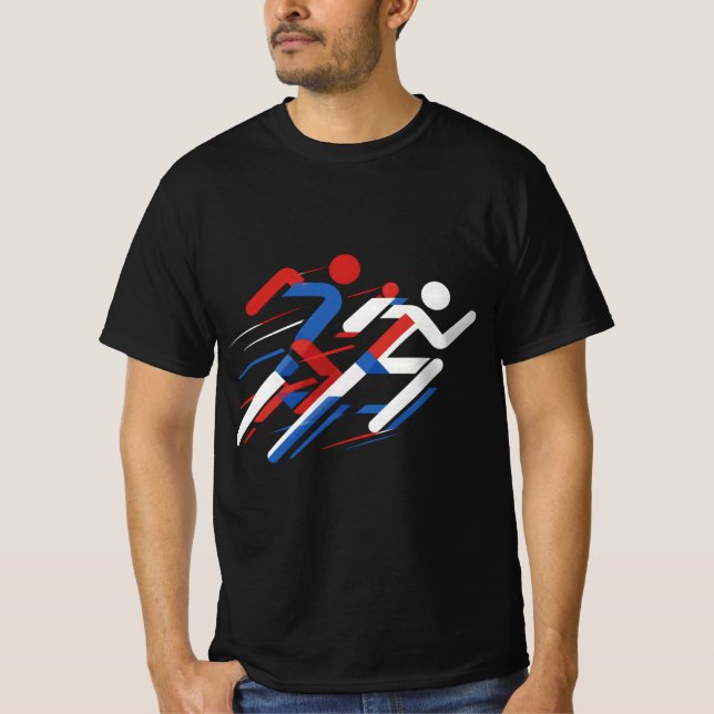 Camiseta Corredores Geométricos Vermelho Branco Azul Corrid (Frente)