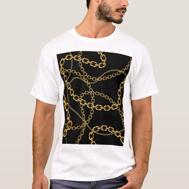 Camiseta Corrente ouro sem costura, padrão elegante. (Frente)