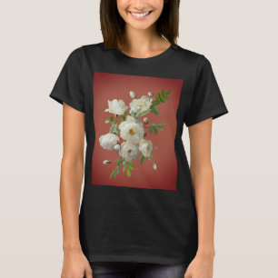 Camiseta Corrida de rosas brancas sobre fundo vermelho escu