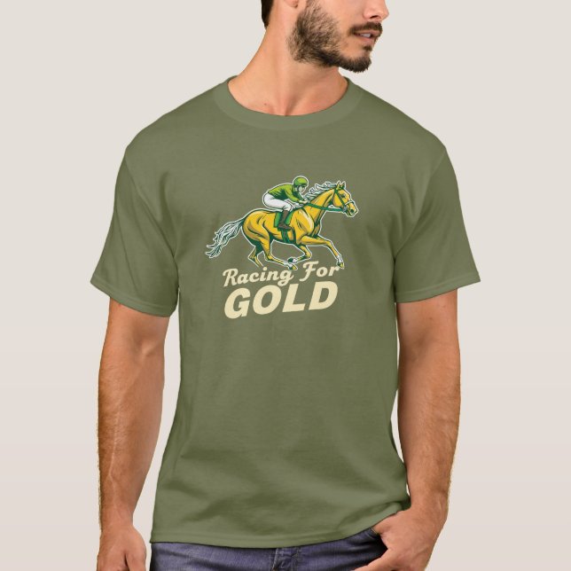 Camiseta Corrida para Design de Jockey com Cavalo Dourado (Frente)