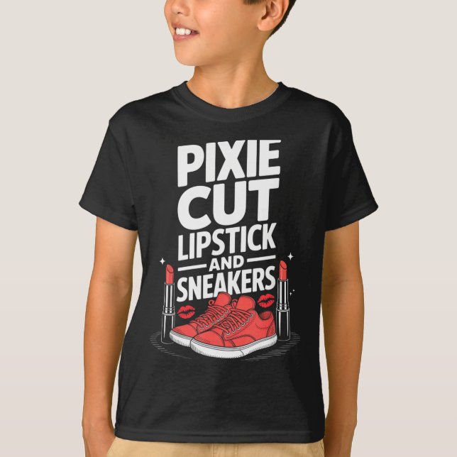 Camiseta Corte pixie batom e tênis estilo de cabelo curto  (Frente)
