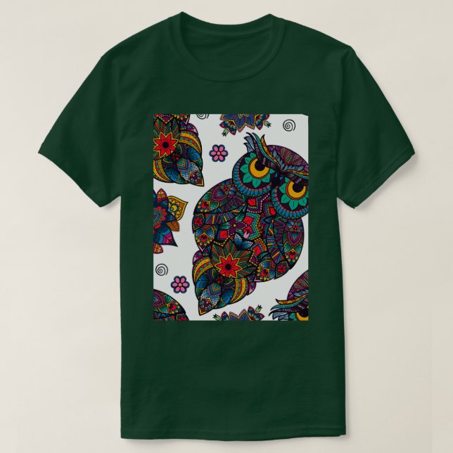 Camiseta Coruja aborígene, padrão de flores (Frente do Design)