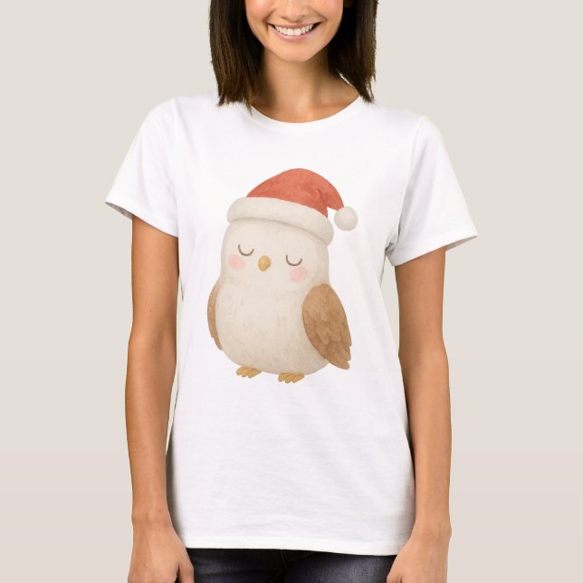 Camiseta Coruja adormecida em Santa Hat Cozy Natal (Frente)