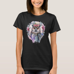 Camiseta Coruja-Aquarela Flor Artesanal Coroa