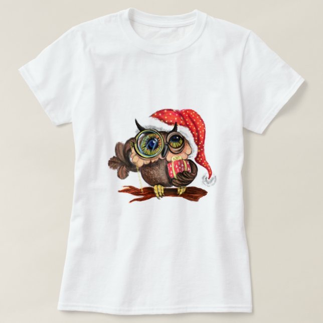 Camiseta Coruja-Bebê-Camisa de Natal com Presente (Frente do Design)