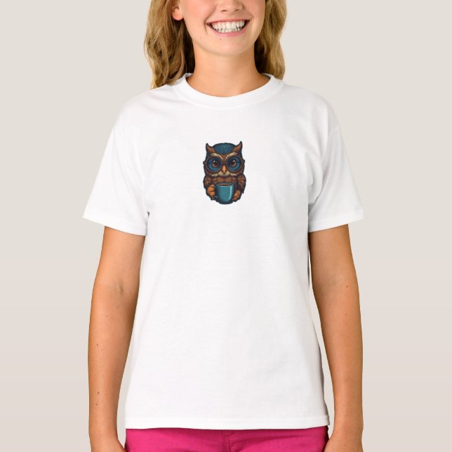 Camiseta "Coruja Bonita com Taça de Café" Design engraçado (Frente)