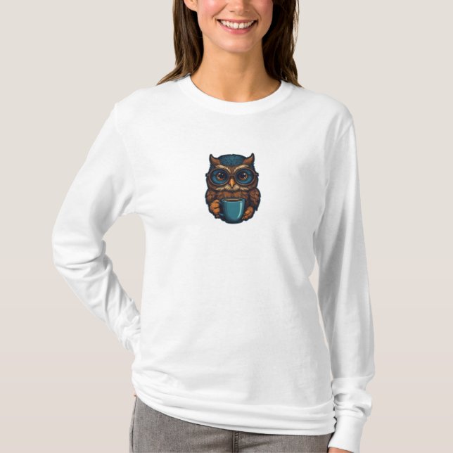 Camiseta "Coruja Bonita com Taça de Café" Design engraçado (Frente)