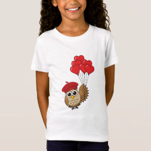Camiseta Coruja-Bonita Voando com Balões de Coração