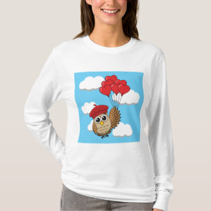 Camiseta Coruja-Bonita Voando com Balões de Coração