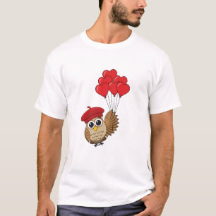 Camiseta Coruja-Bonita Voando com Balões de Coração