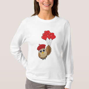 Camiseta Coruja-Bonita Voando com Balões de Coração