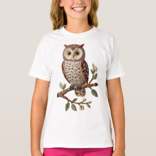Camiseta Coruja Bordada em Galho de Árvore Desenho de Arte