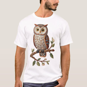 Camiseta Coruja Bordada em Galho Desenho de Arte Rústica da