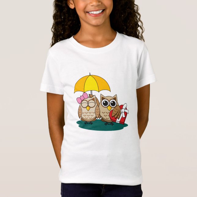 Camiseta Coruja-branca com guarda-chuva e caixa de chocolat (Frente)