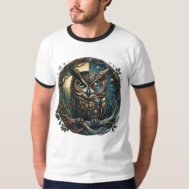 Camiseta Coruja Cibernética Natureza vs Tecnologia Steampun (Frente)