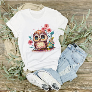 Camiseta Coruja Com Flores e Casa Miniatura