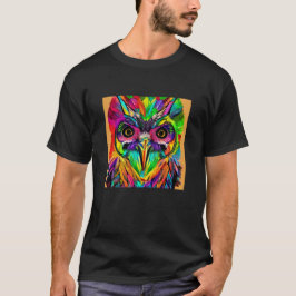 Camiseta Coruja com Penas Coloridas Arte Quirky AI