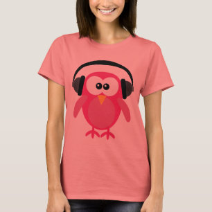 Camiseta Coruja cor-de-rosa bonito DJ com fones de ouvido