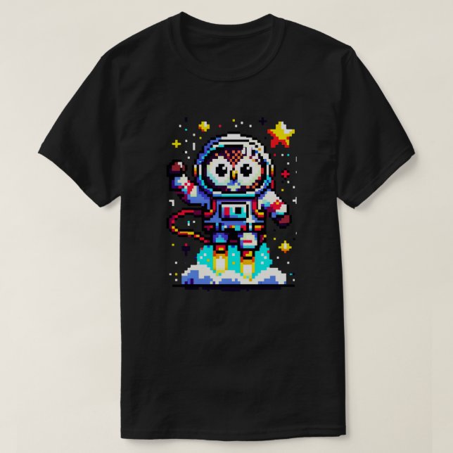 Camiseta Coruja Cósmica: Explorador de Espaço de 8 Bits (Frente do Design)