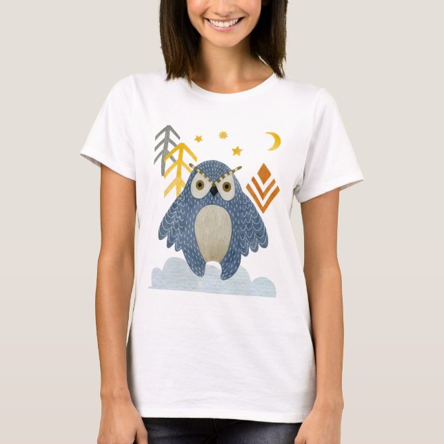 Camiseta Coruja-da-noite azul na floresta (Frente)