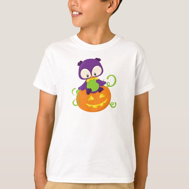 Camiseta Coruja das Halloween, Coruja Bonita, Coruja Roxa,  (Frente)