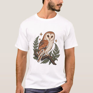 Camiseta Coruja-das-igrejas com Samambaias e Estrelas da Fl