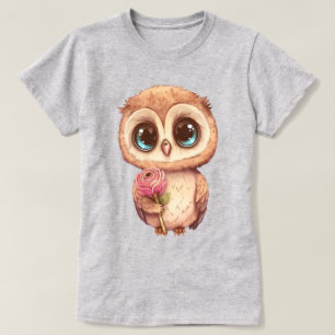 Camiseta Coruja de desenho animado adorável segurando rosa