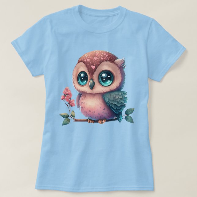 Camiseta Coruja de desenho animado empoleirada em um galho  (Frente do Design)