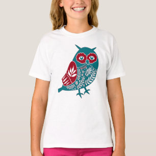 Camiseta Coruja de Feriados Escandinava Vermelha Azul 
