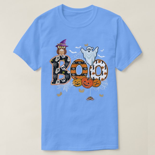 Camiseta Coruja de Halloween com aranhas de bruxa (Frente do Design)