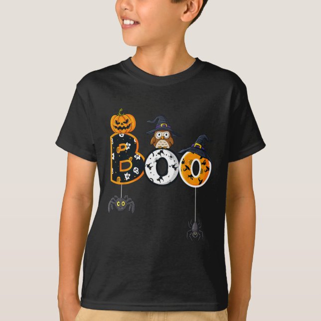 Camiseta Coruja de Halloween com aranhas de bruxa (Frente)