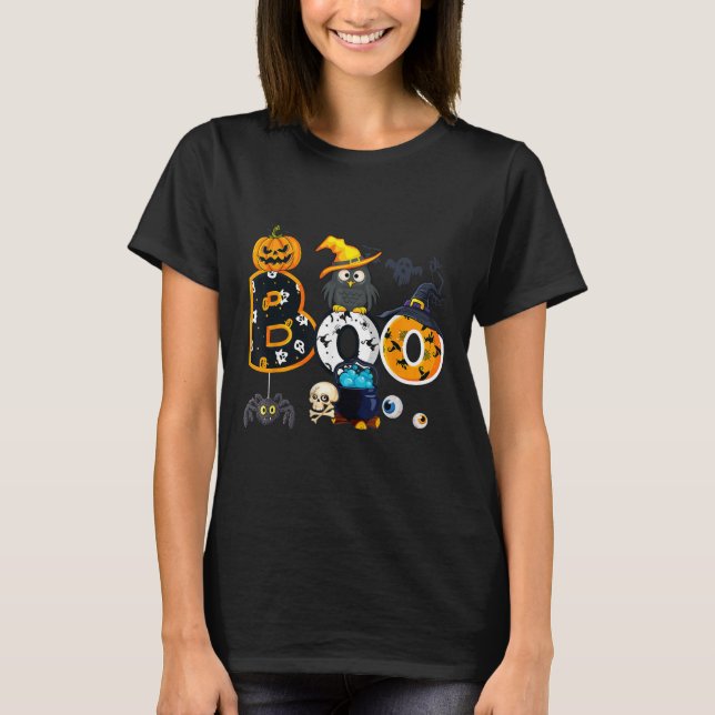 Camiseta Coruja de Halloween com aranhas de bruxa (Frente)