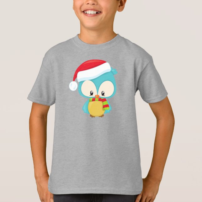 Camiseta Coruja de Natal, Coruja Bonita, Chapéu Santa, Esca (Frente)