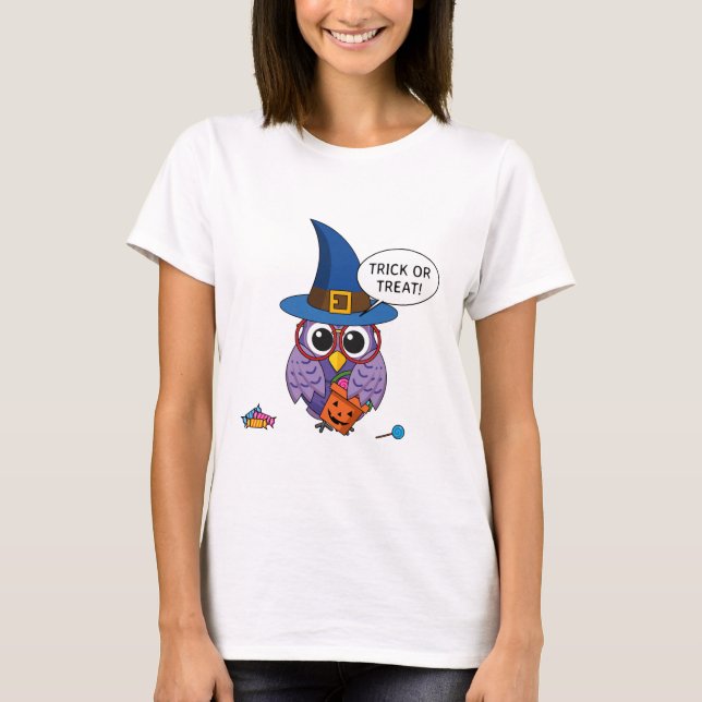 Camiseta Coruja do Assistente de Cartoons - Trick ou Tratar (Frente)