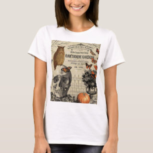 Camiseta Coruja e crânio de Halloween, uma jovem vintage