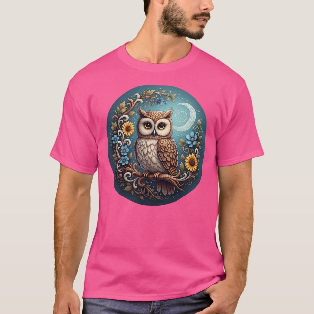 Camiseta Coruja e Lua Encantadores – Arte de Parede Florest (Frente)