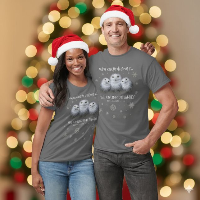 Camiseta Coruja Engraçada Que Queremos para o Natal... Snow (Trio of Snowy Owls Couple's T-Shirts Cover Photo)