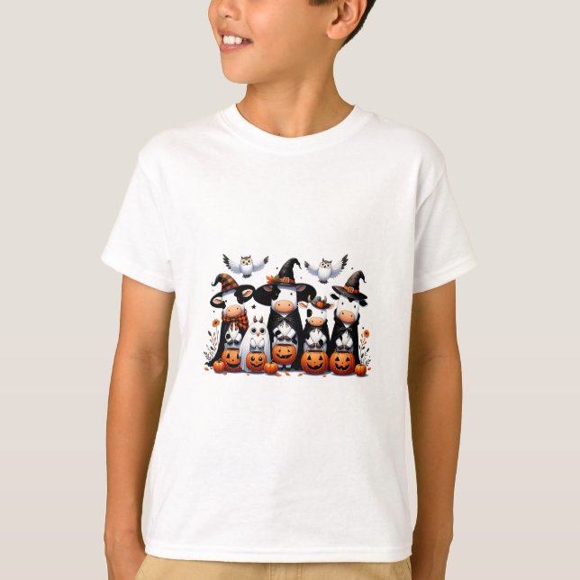 Camiseta Coruja Fantasma Vaca Animais do Dia das Bruxas Vac (Frente)