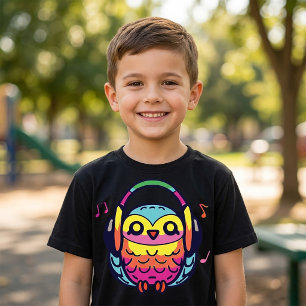 Camiseta Coruja feliz com fones de ouvido ouvindo música.