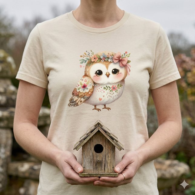 Camiseta Coruja Floral Fofa com Laço (Cute Floral Owl with Bow T-Shirt With Birdhouse)