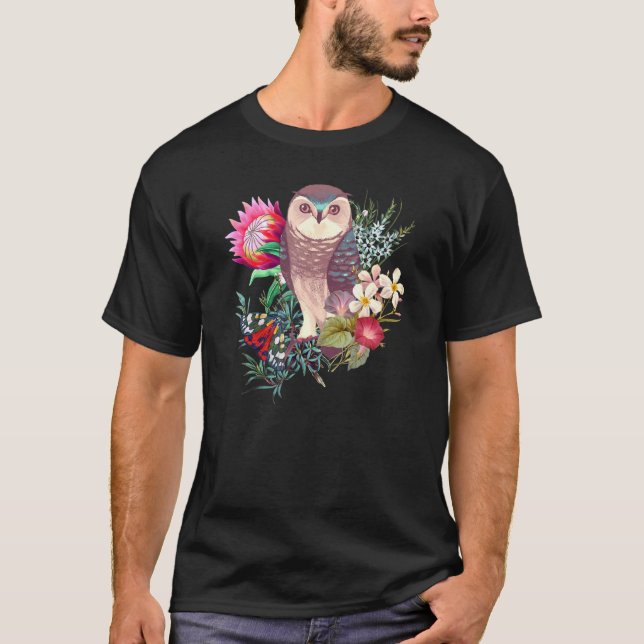 Camiseta Coruja Florestal Com Flores E Borboletas (Frente)