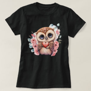 Camiseta Coruja Fofa Segurando Coração em Meio a Floral Col
